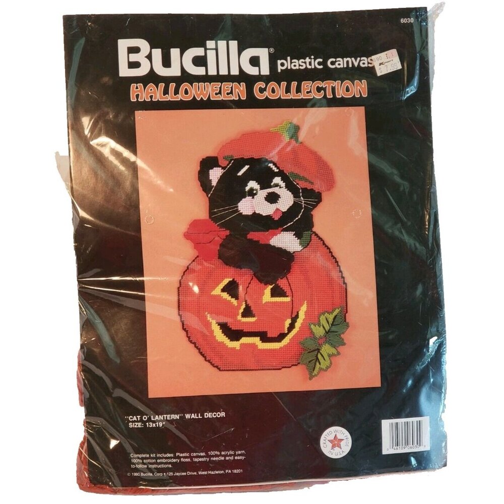 Bucilla Plastic Canvas Kit Halloween Black Cat Pumpkin Needlecraft Wall Art USA